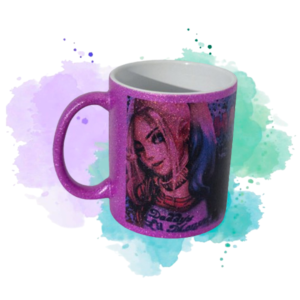 Taza Glitter Fucsia con Diseño Harley Quinn